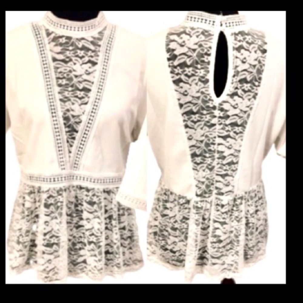 SCOBE brand white lace top short sleeve blouse with lace details size M NWT - Picture 3 of 6